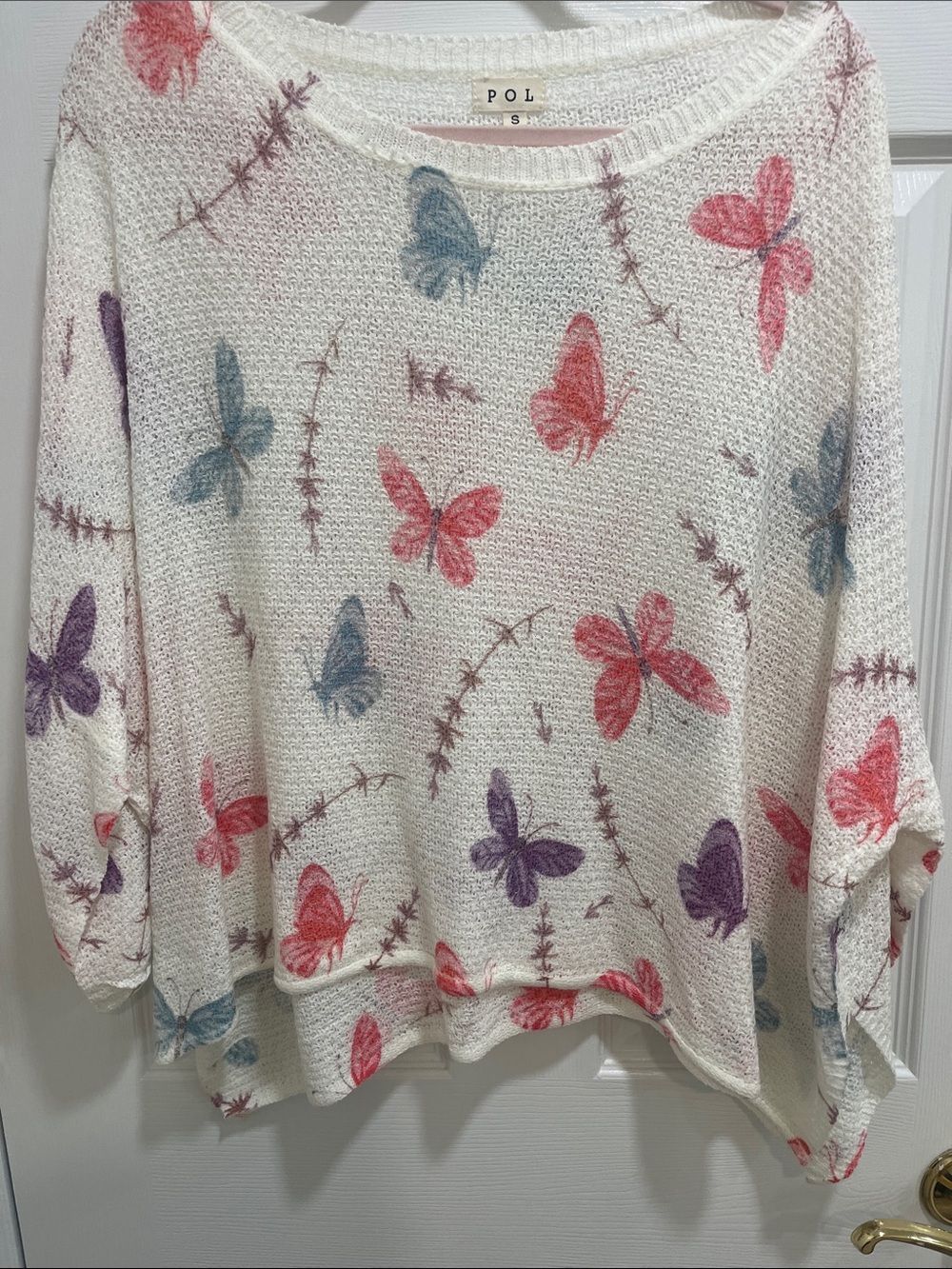 POL Cream Sweater with Pink, Purple & Blue Butterfly Print
